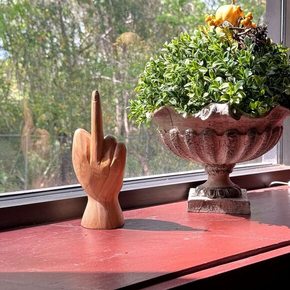 Carved Wooden Flipping The Bird Hand Gesture Statue Natural Finish Home Decor - Picture 5 of 10